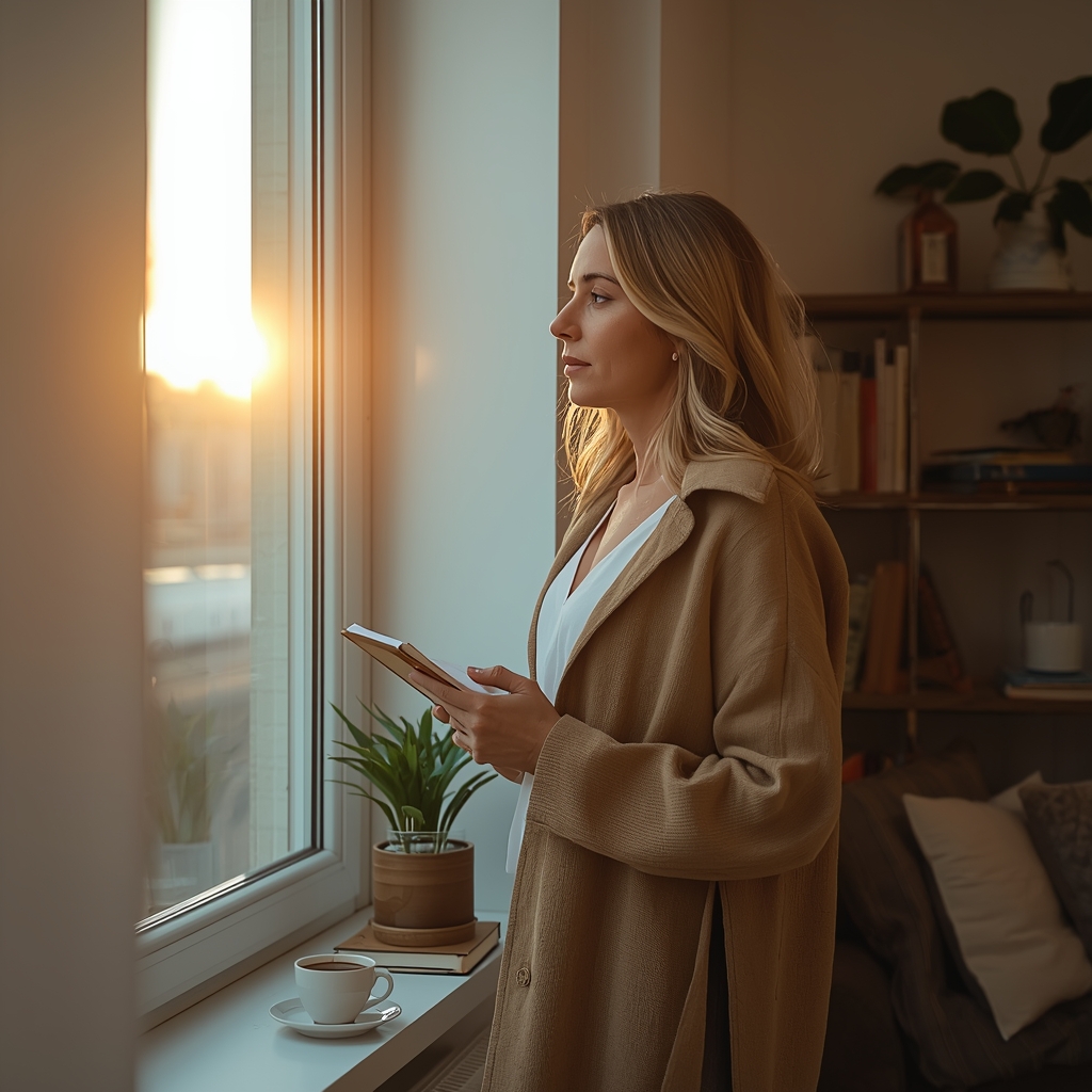 Woman journaling by a sunlit window with coffee in a cozy apartment at sunrise, symbolizing self-reflection, healing, and new beginnings after divorce.