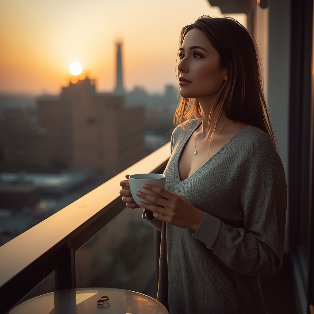 Divorced woman reflecting on life and relationships while holding coffee on a balcony at sunset