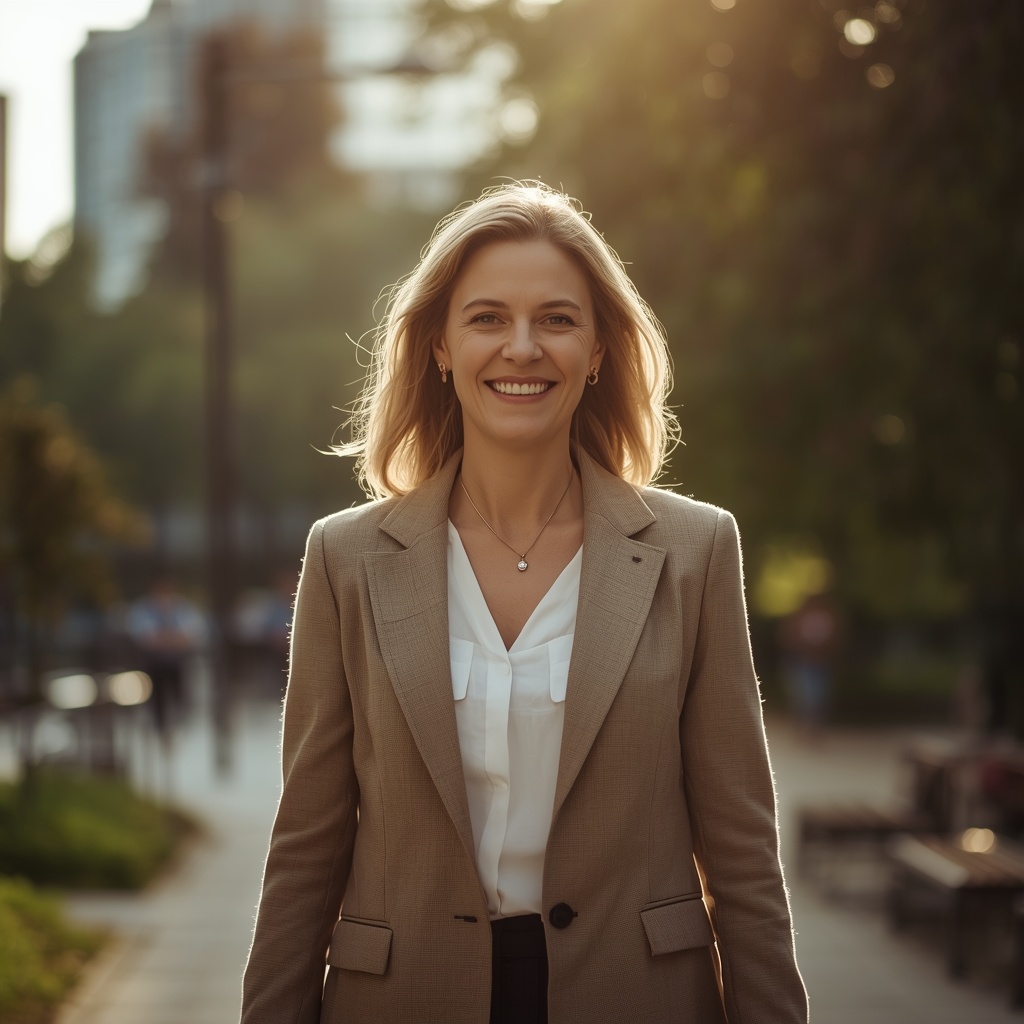 Confident divorced woman walking outdoors smiling, symbolizing finding love after divorce through relationship coaching